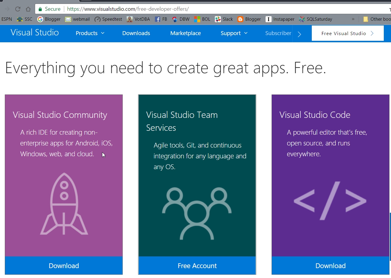 VisualStudio.com Developer Offers, which include the option to download Studio Community, Sign up for a Free Account with Visual Studio Team Services, and download Visual Studio Code.